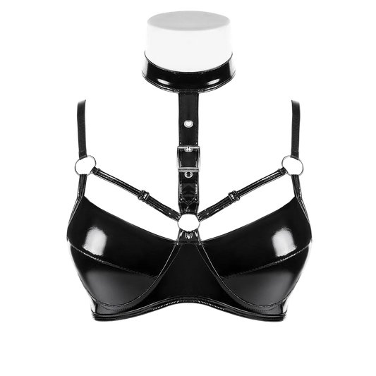 Black leather harness on a mannequin against a white background