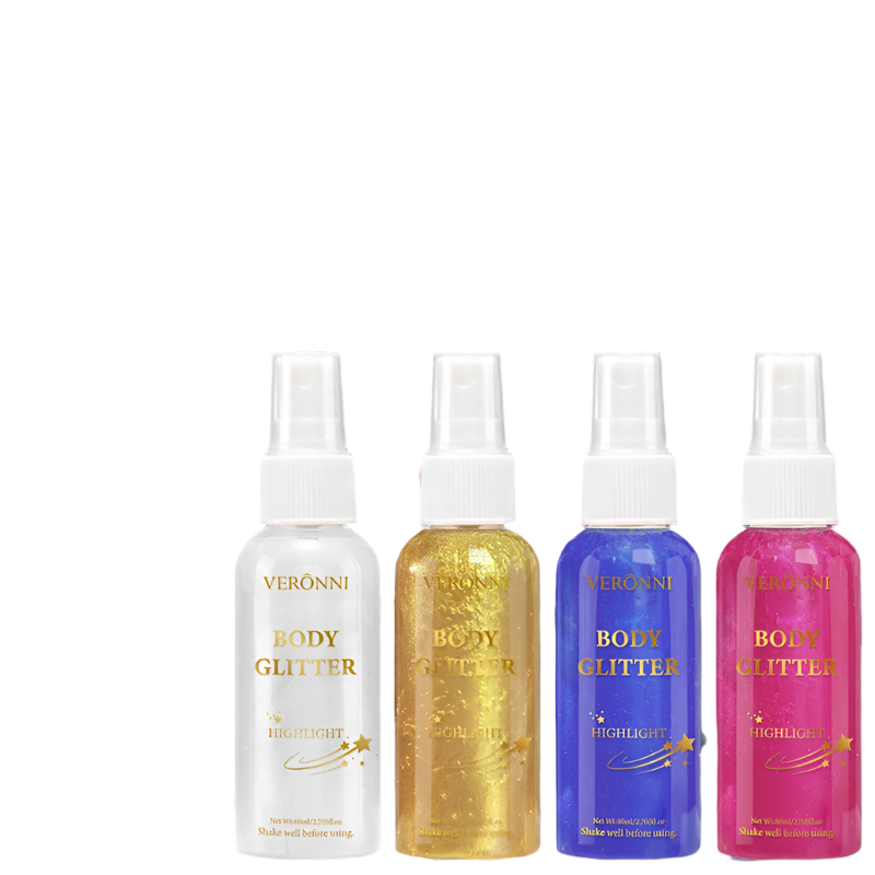 Four bottles of Veronni body glitter with a colorful background