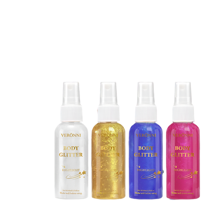 Four bottles of Veronni body glitter with a colorful background