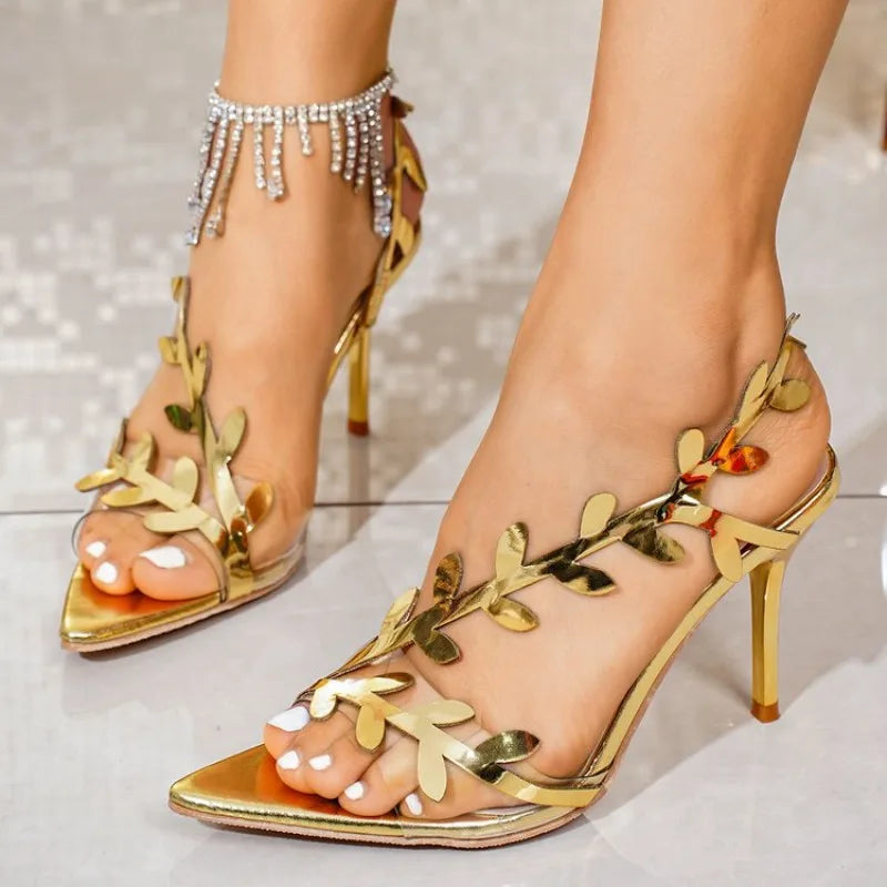 Women’s Leaf Detail Stiletto Sandals | Rhinestone High Heels