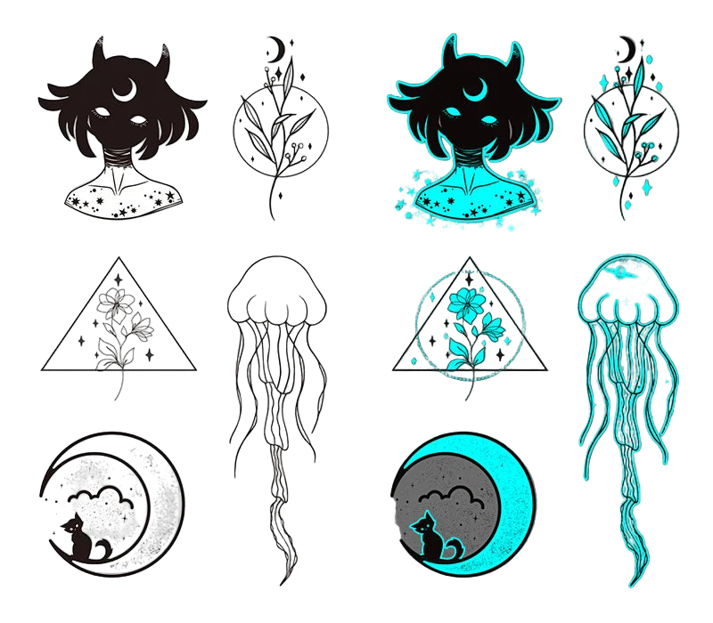 Set of black and blue temporary tattoos with various designs on a white and gray background.