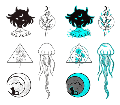 Set of black and blue temporary tattoos with various designs on a white and gray background.