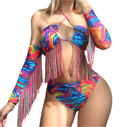 cyber bikini set with sleeve tassels for alternative themed resort swimwear and cosplay events