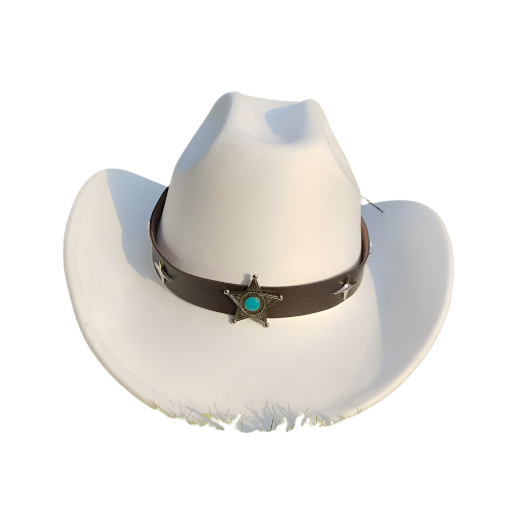 White cowboy hat with a brown band featuring a star emblem on grass
