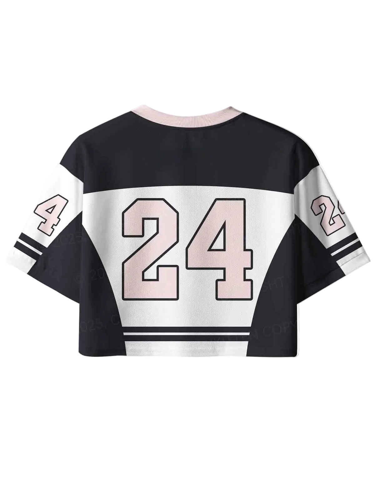 A cropped short-sleeve jersey top shown from the back, featuring a black body with a wide white horizontal stripe across the upper back, large pale pink number 24 outlined in black, and smaller matching numbers on the sleeves.