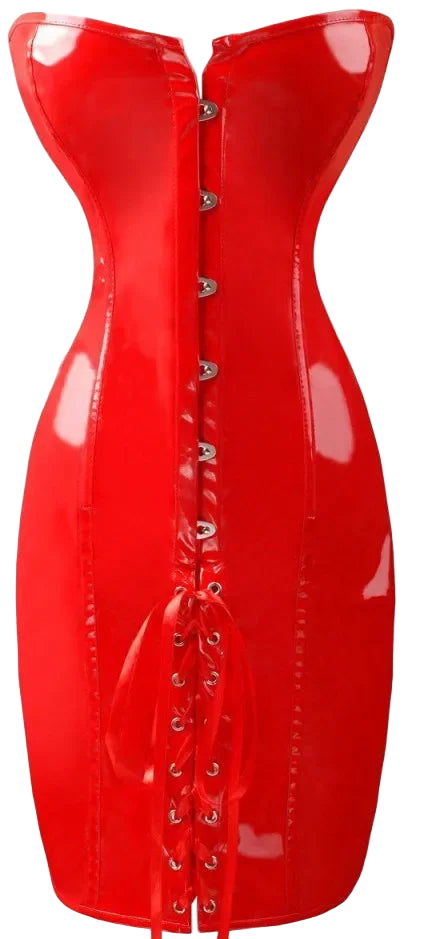 Red vinyl corset dress with lace-up front on a white background