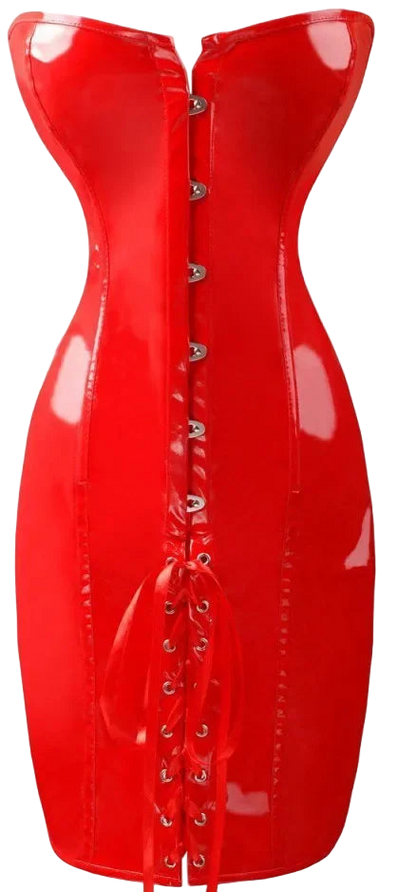 Red vinyl corset dress with lace-up front on a white background