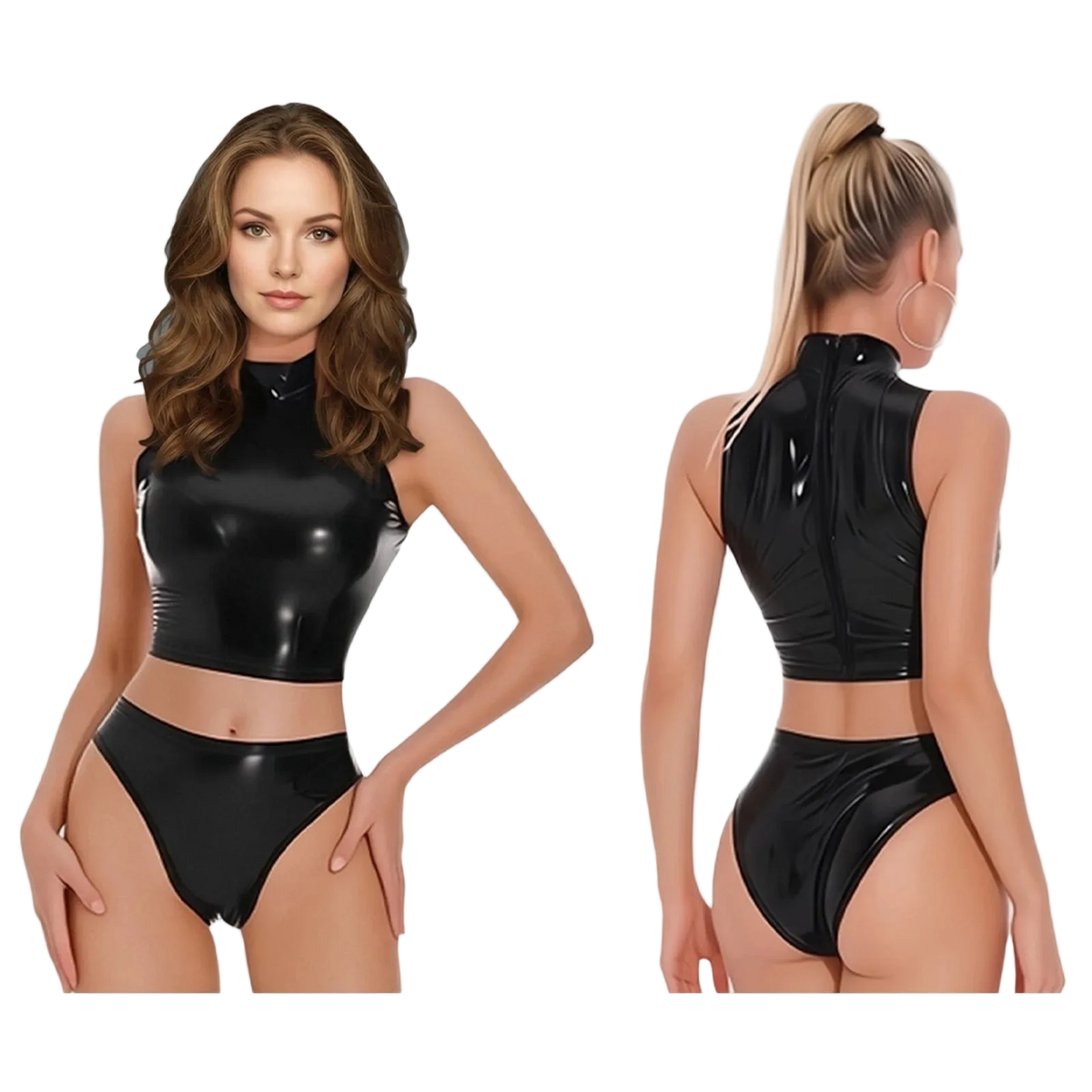 A model shown from the front and back wearing a shiny black high-cut two-piece outfit with a mock neck crop top and matching bottoms, on a plain white background.