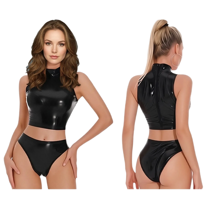 A model shown from the front and back wearing a shiny black high-cut two-piece outfit with a mock neck crop top and matching bottoms, on a plain white background.