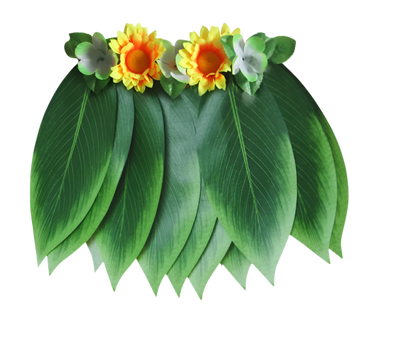  Hawaiian-style hula skirt made from large green leaves arranged in layers, decorated with colorful tropical flowers along the waistband. Multiple variations shown with different flower color combinations, including sunflowers and hibiscus blooms.