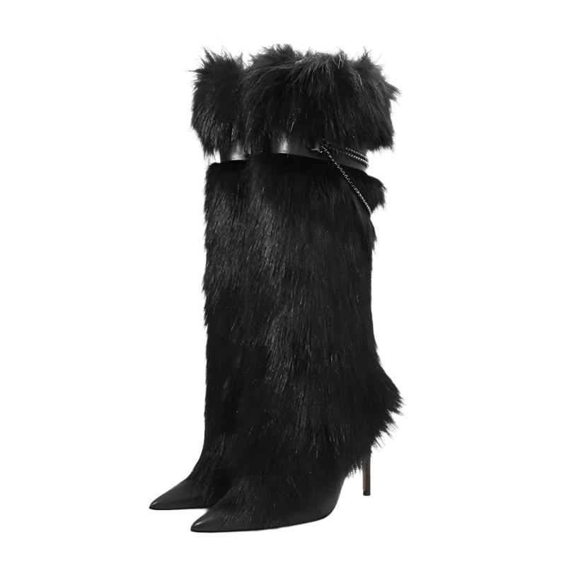 Fluffy Fur Boots | Resort Evening Party Shoes | Stiletto Heels