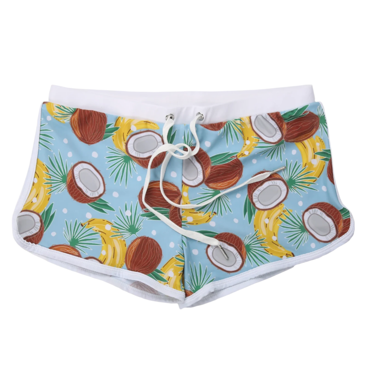 coconut-patterned swim shorts with a white waistband.