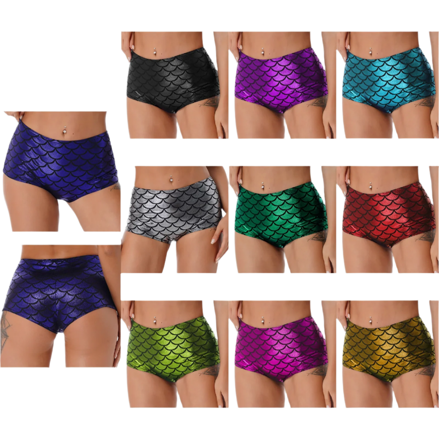 High-waisted mermaid scale booty shorts with fish scale texture for resort dance wear

