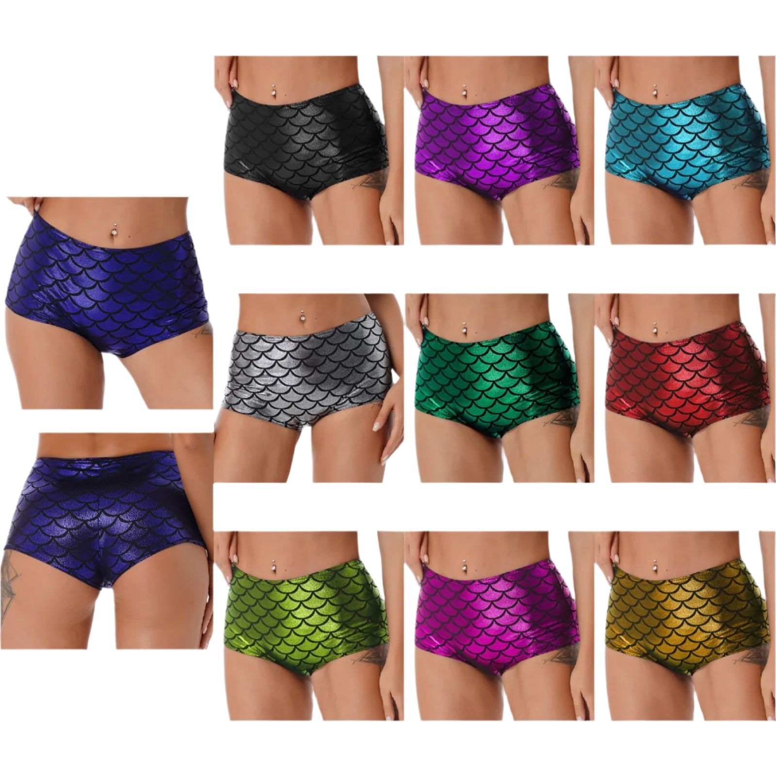 High-waisted mermaid scale booty shorts with fish scale texture for resort dance wear

