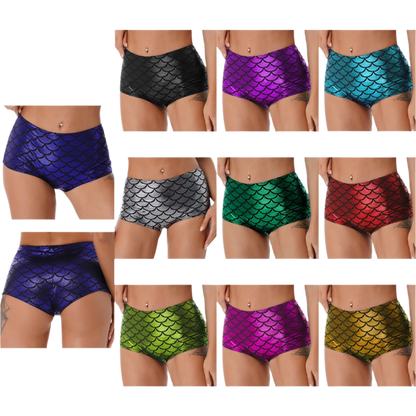 High-waisted mermaid scale booty shorts with fish scale texture for resort dance wear

