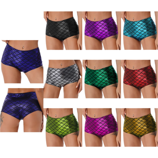 High-waisted mermaid scale booty shorts with fish scale texture for resort dance wear

