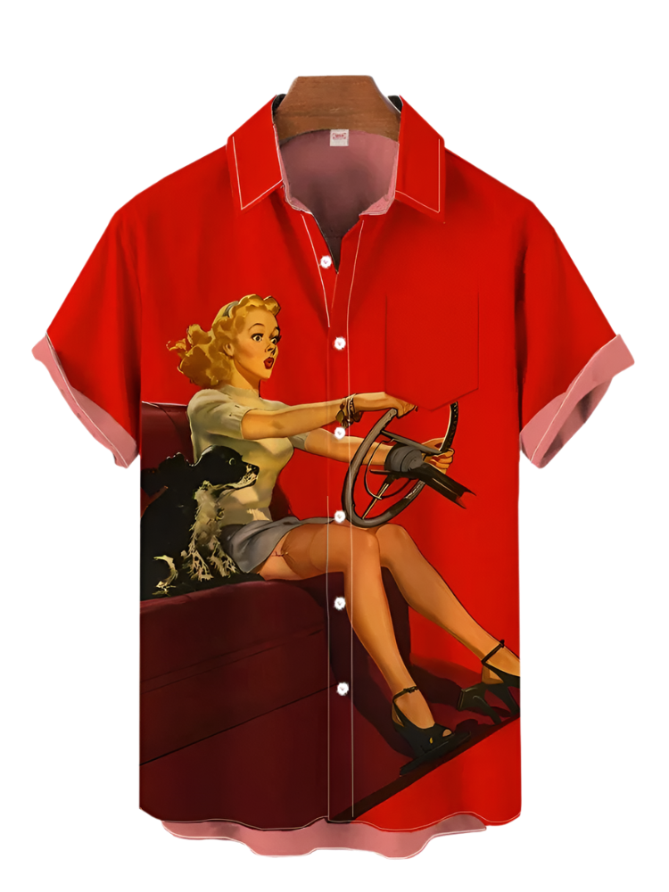 Red shirt with a graphic of a woman driving a car and a dog on a white background
