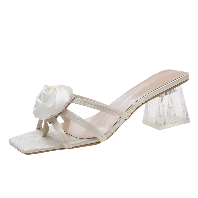 Sweet silk flower slides with 6.5cm heel, perfect for romantic resort occasions
