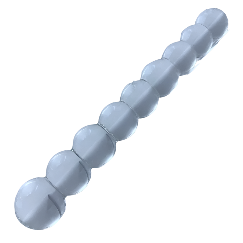 a transparent, segmented glass or acrylic anal beads with a series of rounded, bubble-like shapes.