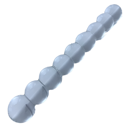 a transparent, segmented glass or acrylic anal beads with a series of rounded, bubble-like shapes.