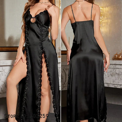 Sexy Split Suspender Nightgown Chemise Sleepwear Summer New Silky Satin Nightdress Intimate Lingerie Female Home Wear Loungewear