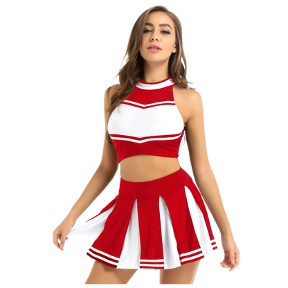 Womens Cheerleader Uniform Sleeveless Crop Top Mini Pleated Skirt