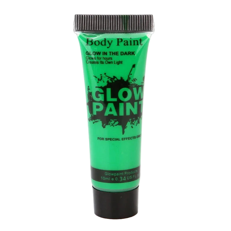 Green tube of glow-in-the-dark body paint on a white background
