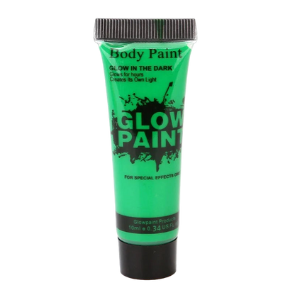 Green tube of glow-in-the-dark body paint on a white background