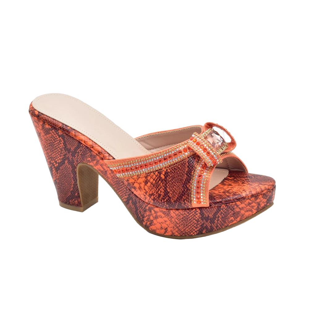 Orange snake print high heel shoe with embellishments on a white background