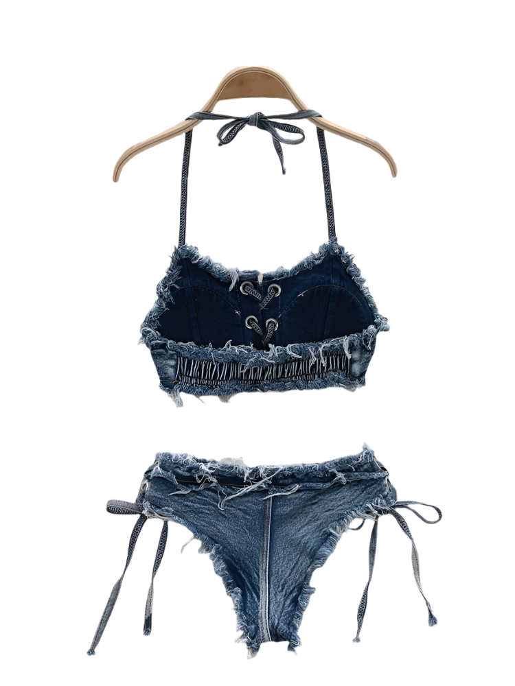 Denim bikini set on a hanger with decorative background