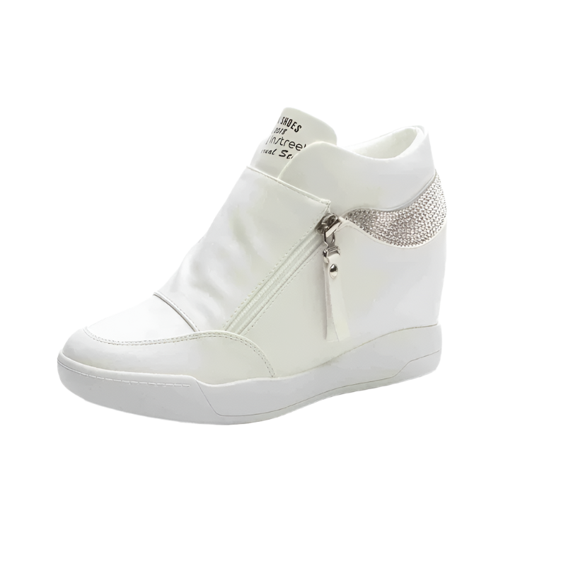 White wedge sneaker with embellishments on a white background