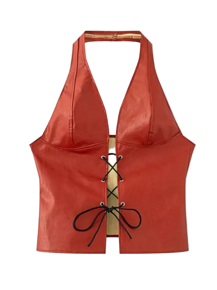 Red halter top with lace-up front on a white background