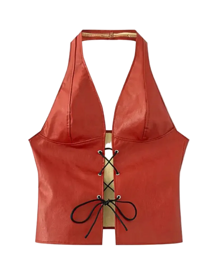 Red halter top with lace-up front on a white background