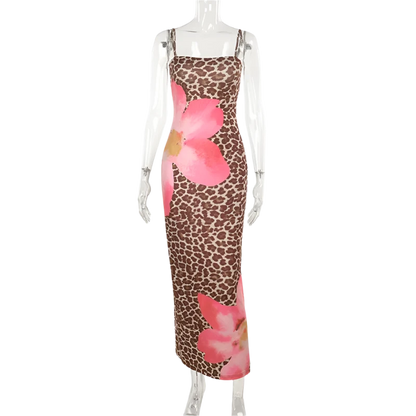 Floral Leopard Print Sexy Maxi Dress Women