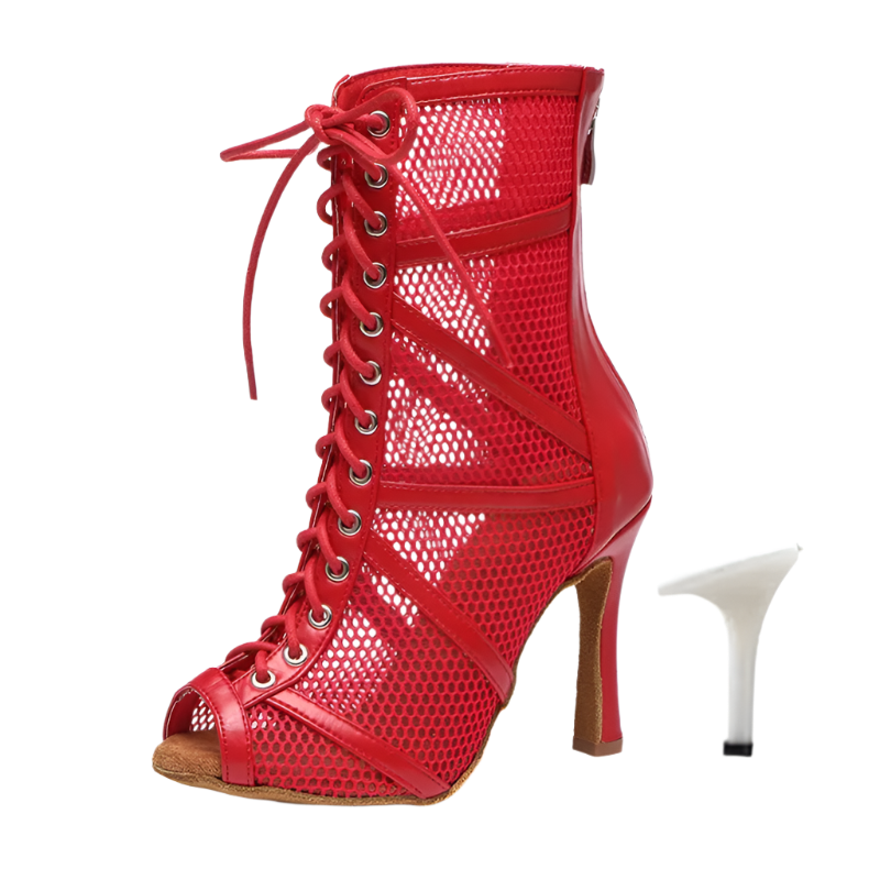 Red mesh ballroom dancing boots with fish mouth design stiletto heels and adjustable instep zip perfect for salsa dance performances and resort entertainment
