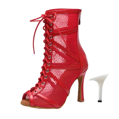 Red mesh ballroom dancing boots with fish mouth design stiletto heels and adjustable instep zip perfect for salsa dance performances and resort entertainment
