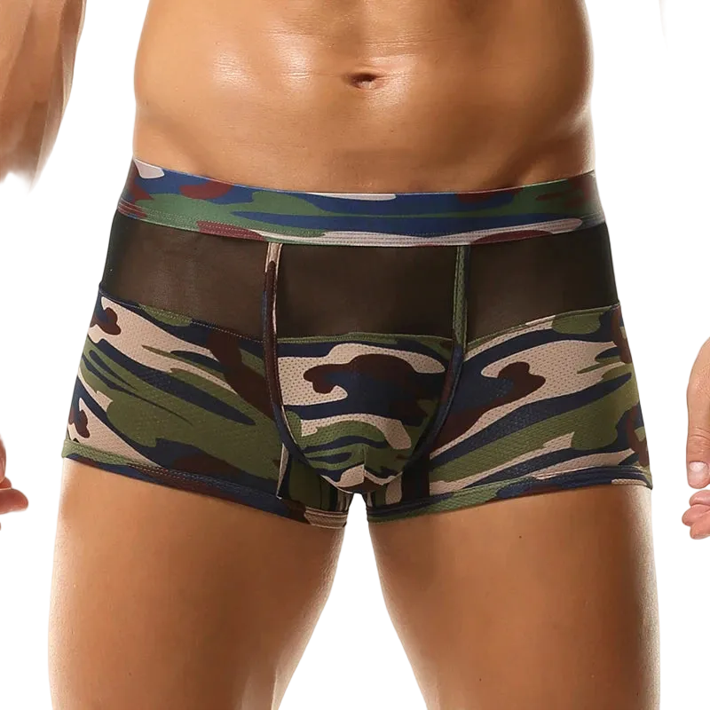 Men's camouflage boxer briefs with a mesh front panel and elastic waistband, shown on a male model against a white background.