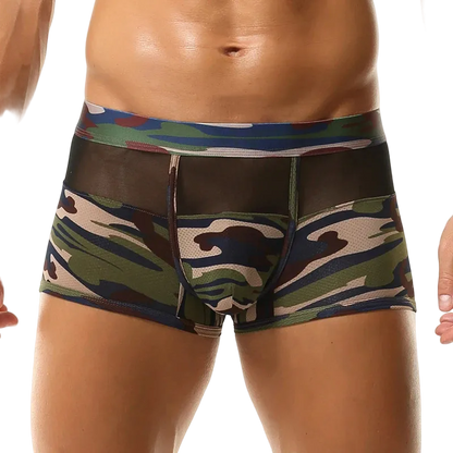 Men's camouflage boxer briefs with a mesh front panel and elastic waistband, shown on a male model against a white background.