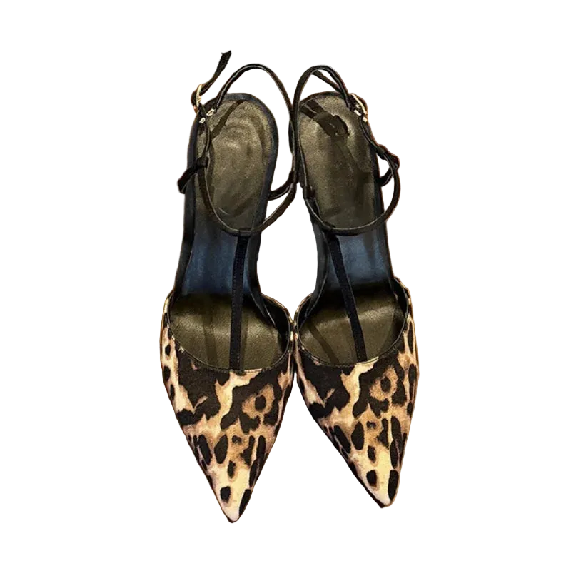 Pair of leopard print shoes on a wooden surface