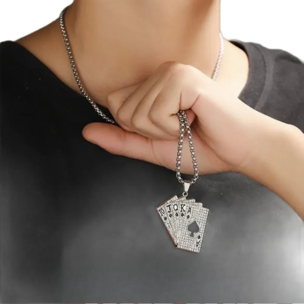 Creative Hip Hop Rock Style Necklace for Women Men Iced Out Spades Playing Cards Pendant Charm Gothic Necklaces Jewelry Gifts