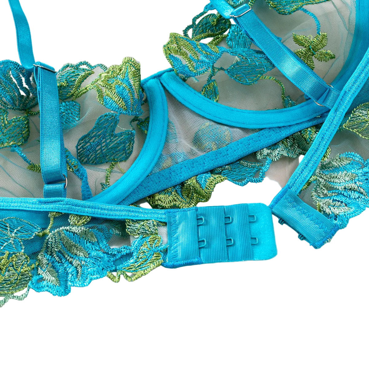 Blue lace lingerie set with floral embroidery on a white background