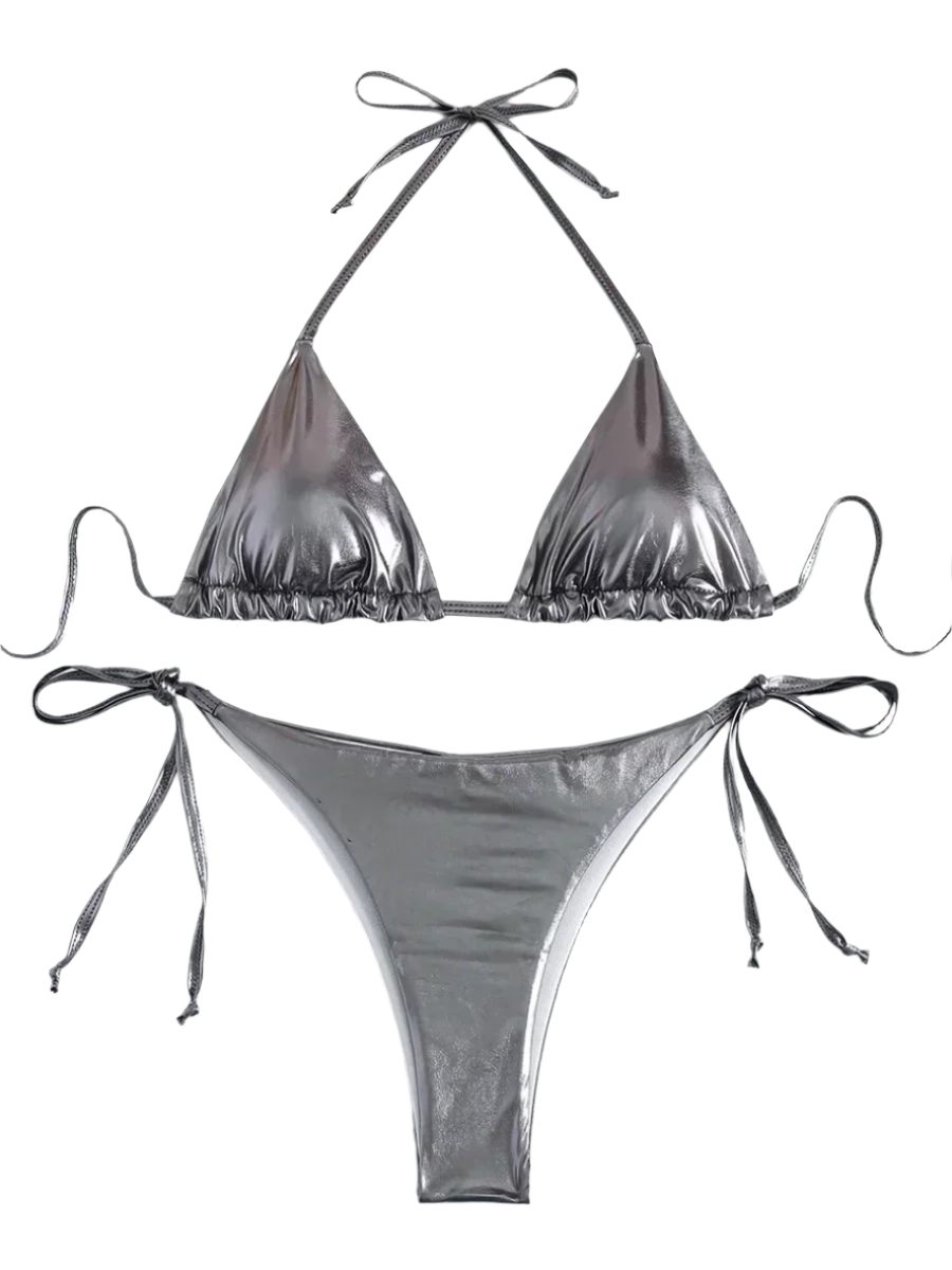 A shiny, iridescent bikini in shades of grey. It features a classic triangle top and tie-side bottoms, creating a vibrant and eye-catching beachwear style.