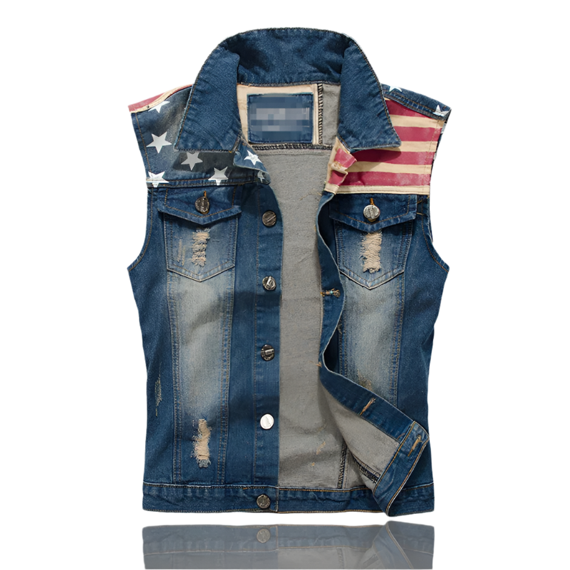 Men's cowboy ripped denim vest with USA flag vintage sleeveless jacket tank washed jeans design for western resort entertainment