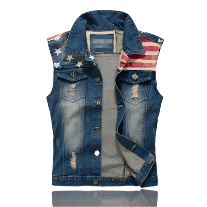 Men's cowboy ripped denim vest with USA flag vintage sleeveless jacket tank washed jeans design for western resort entertainment