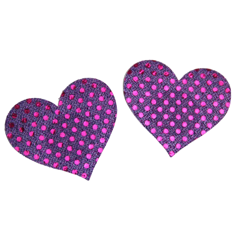 Heart-shaped pasties with purple and pink polka dot pattern on a white background