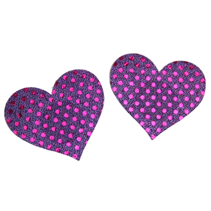 Heart-shaped pasties with purple and pink polka dot pattern on a white background