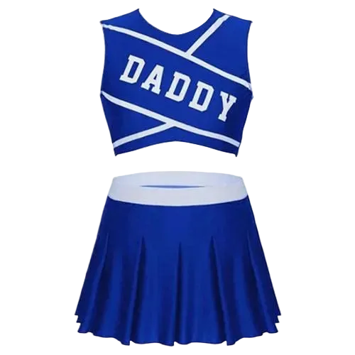 A two-piece cheerleader costume set featuring a royal blue sleeveless top with white stripes and the word 'DADDY' in white, paired with a matching pleated royal blue skirt with a white waistband.
