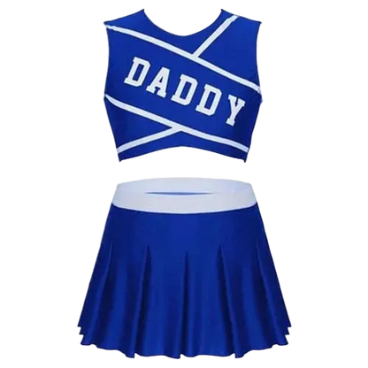 A two-piece cheerleader costume set featuring a royal blue sleeveless top with white stripes and the word 'DADDY' in white, paired with a matching pleated royal blue skirt with a white waistband.