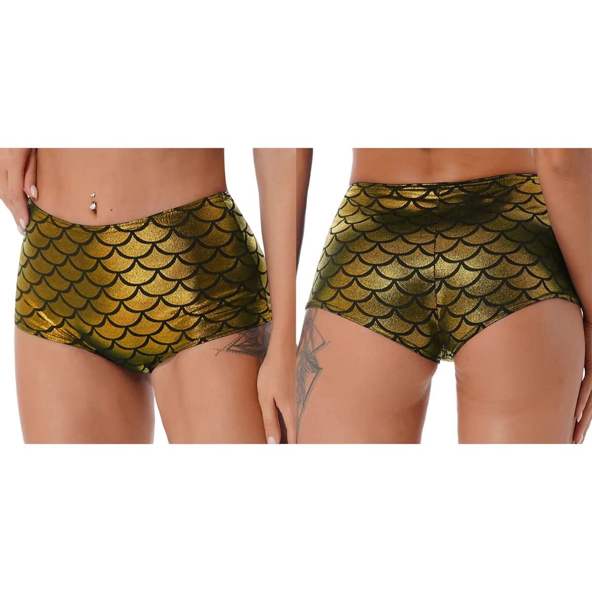 Two views of a model wearing high-waisted metallic gold and black scale-patterned bikini bottoms against a white background.