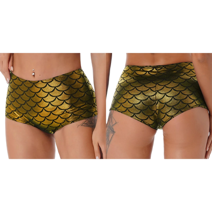 Two views of a model wearing high-waisted metallic gold and black scale-patterned bikini bottoms against a white background.